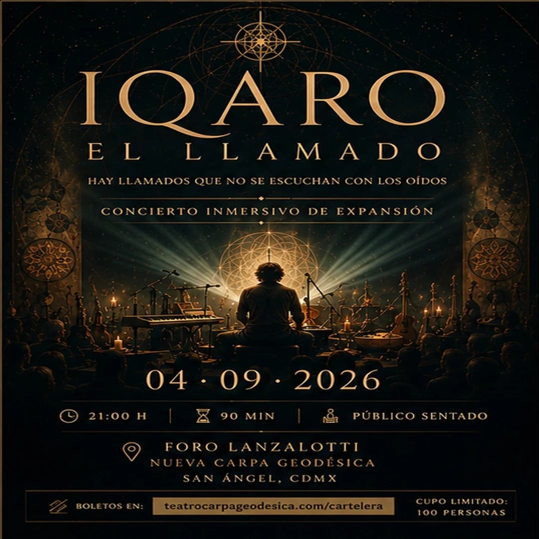 Cartel de IQARO · El llamado: de espaldas, una persona toca frente a un público sentado en penumbra, con haces de luz dorada saliendo de un mandala luminoso al fondo y velas encendidas a los costados. Viernes 4 de septiembre de 2026, 21:00 h, 90 minutos, Foro Lanzilotti, cupo limitado a 100 personas.