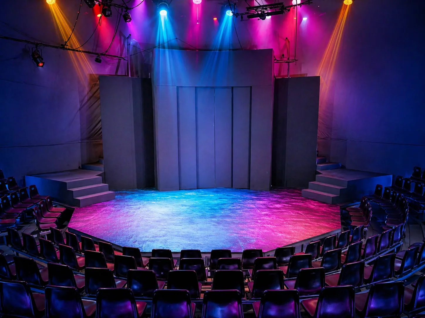 El escenario de la Carpa con luces de colores, visto desde las butacas