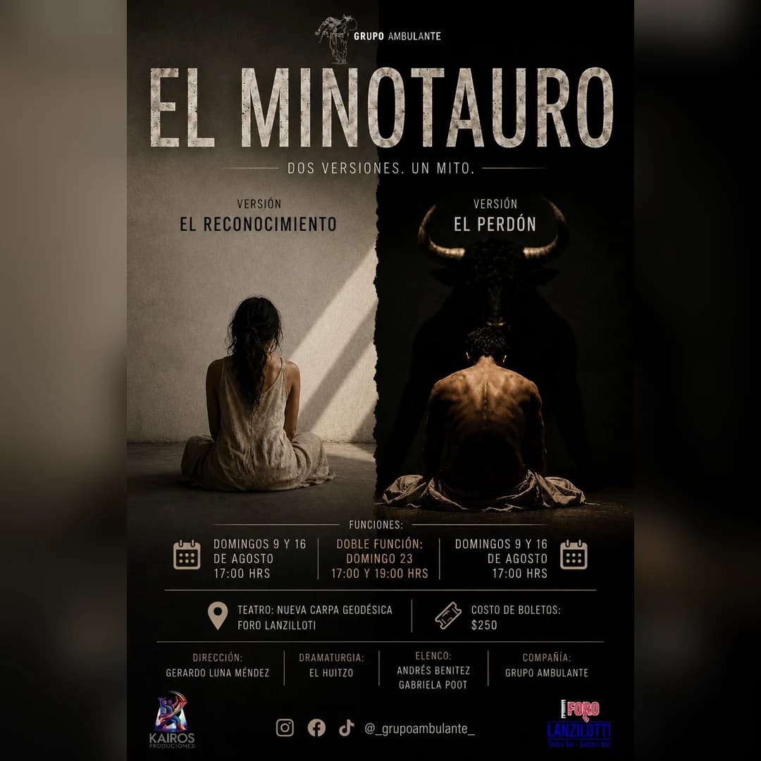 Cartel de El Minotauro, de Grupo Ambulante: la imagen partida en dos, una mujer sentada de espaldas del lado claro y un hombre de espaldas frente a la sombra de un toro del lado oscuro. Domingos de agosto en el Foro Lanzilotti