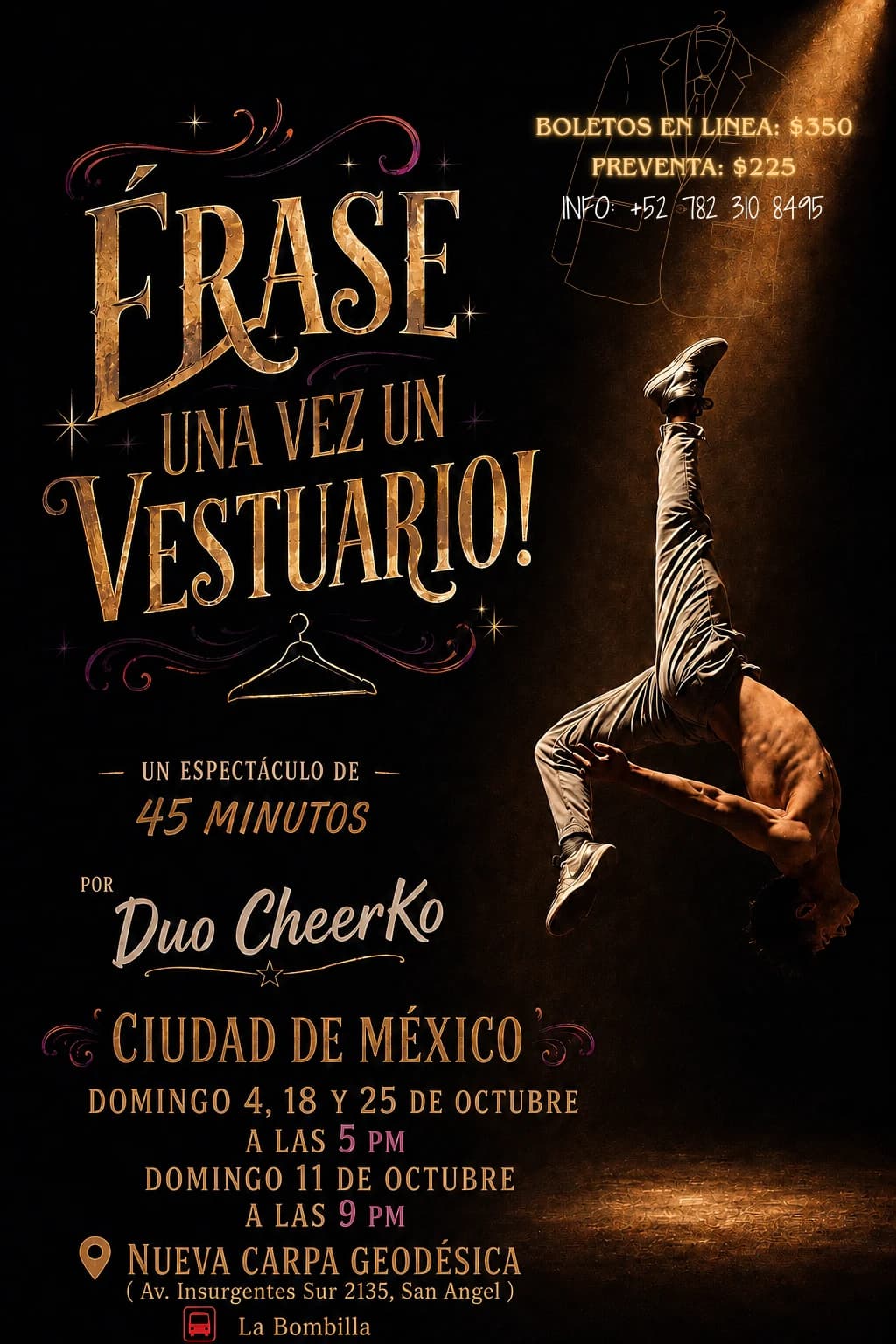 Cartel de Érase una vez un vestuario, del Duo CheerKo: un acróbata de cabeza suspendido en el aire bajo un haz de luz dorada, sobre fondo negro, con el título en letras doradas y un gancho de ropa dibujado. Domingos 4, 18 y 25 de octubre a las 17:00 y domingo 11 a las 21:00, Nueva Carpa Geodésica.
