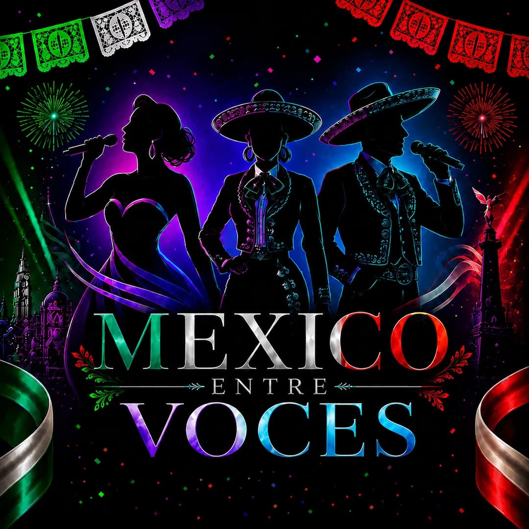 Cartel de México entre voces: tres siluetas de cantantes —una mujer con vestido de gala y dos charros con sombrero— recortadas sobre un fondo negro con fuegos artificiales, papel picado y los colores de la bandera. El título en letras metálicas verde, blanco y rojo.